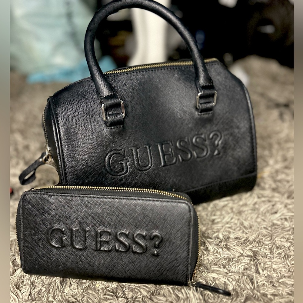 Guess Black Leather Satchel and Wallet Set